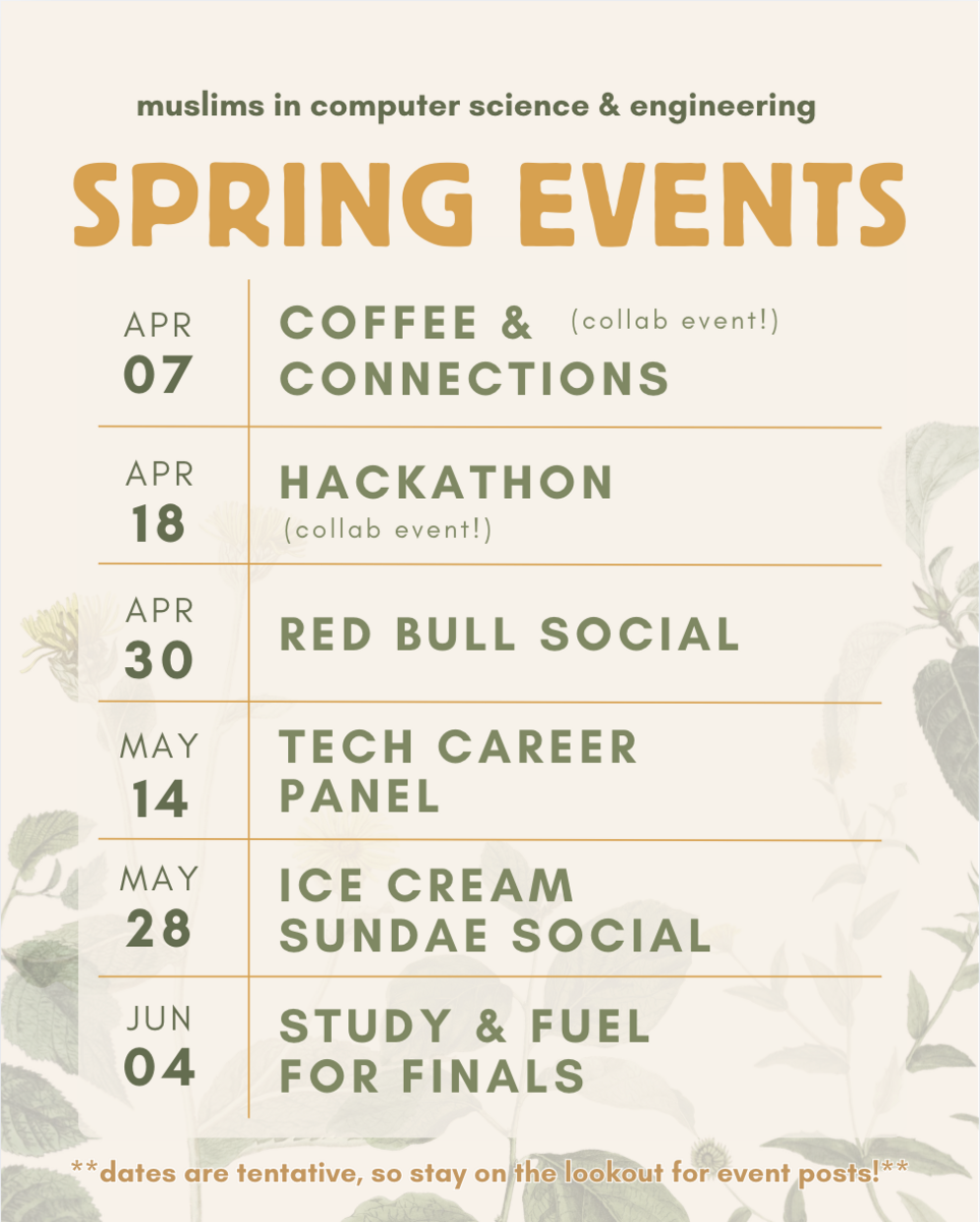 Muslims in CSE quarterly events: Coffee & Connections, Hackathon, Red Bull Social, Tech Career Panel, Ice Cream Sundae Social, and Study & Fuel for Finals.