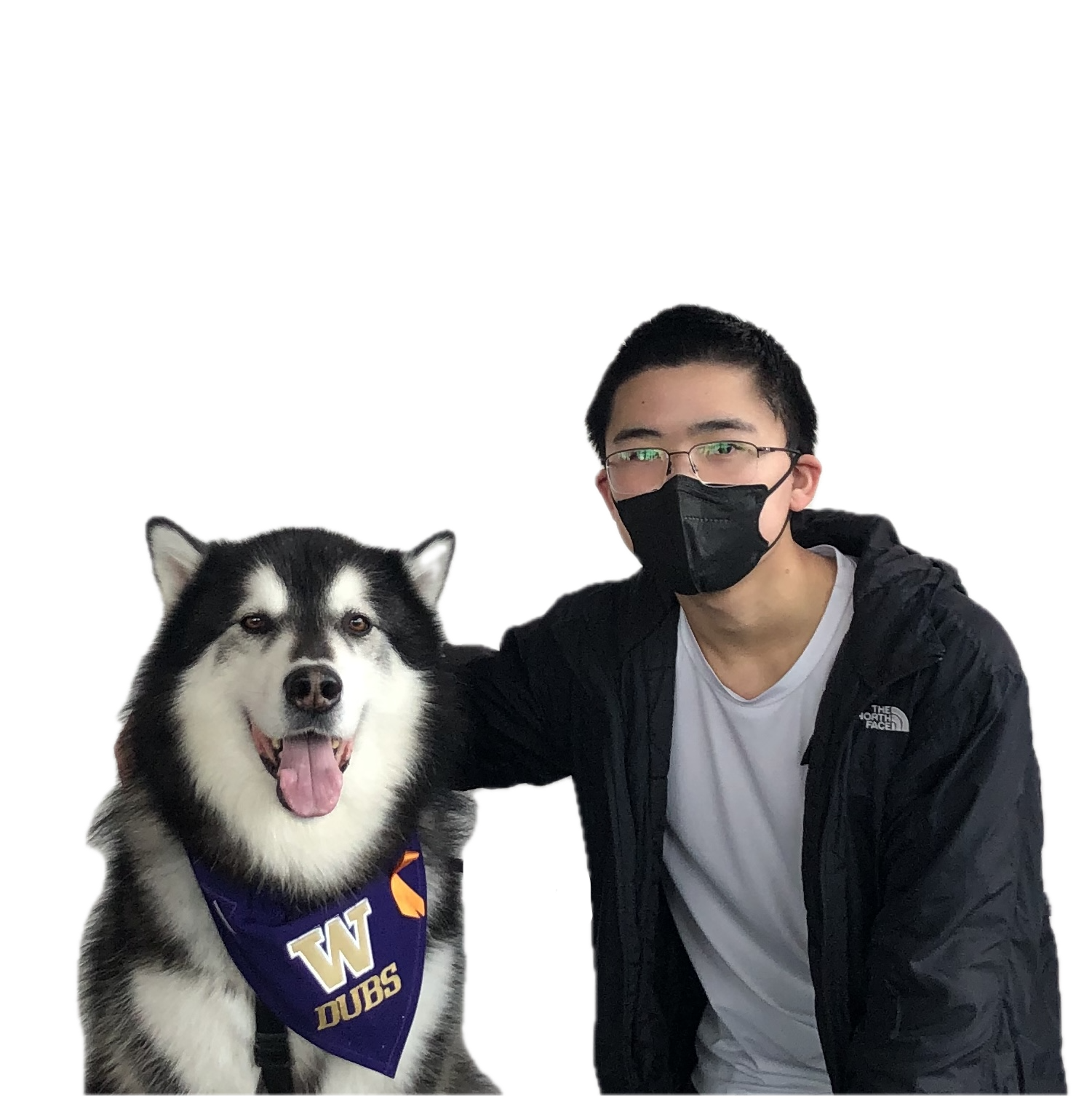 Qingyun Li with a dog wearing a UW bandana